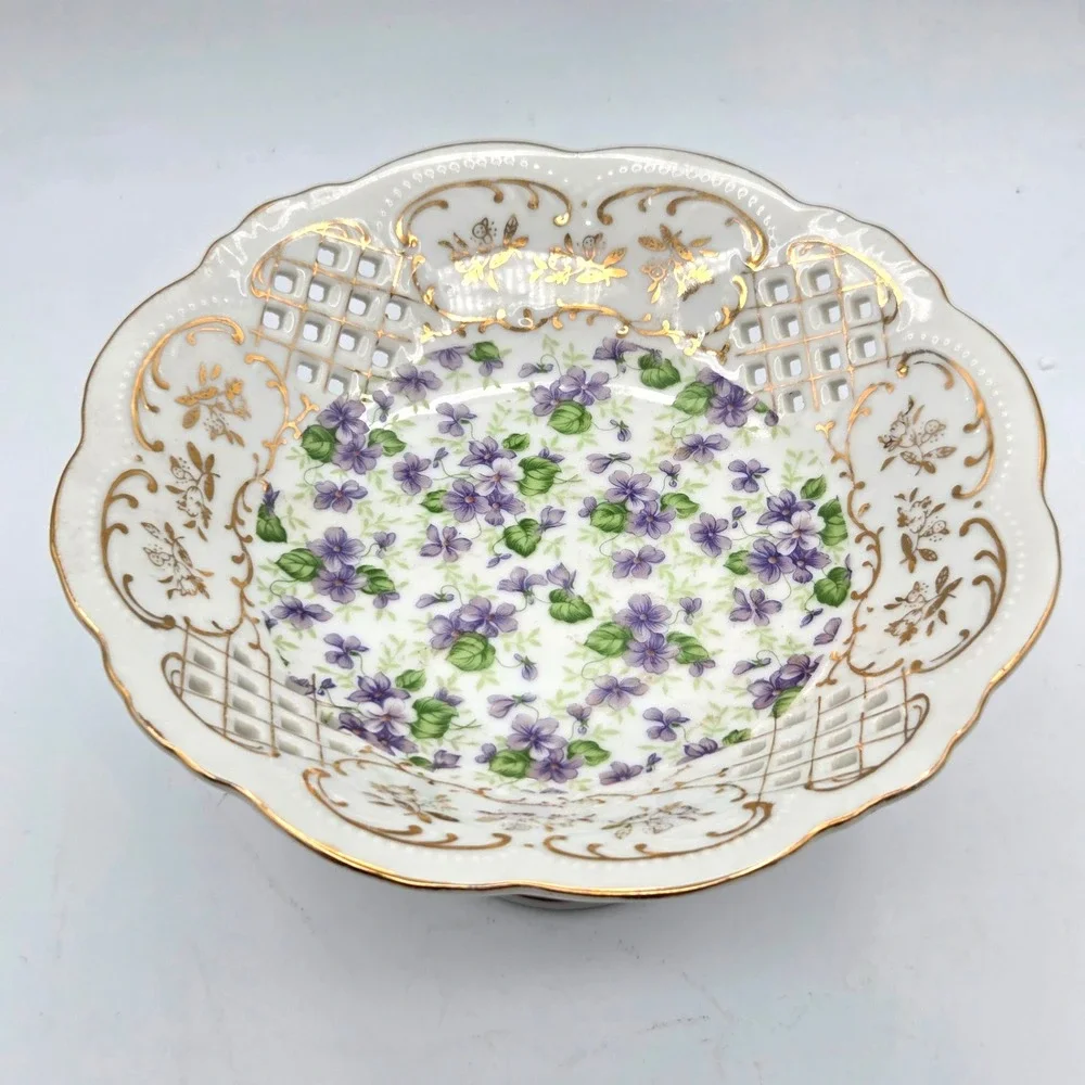 Lefton China Hand Painted Violet Chintz Gold Trim Pedestal Compote KF650V